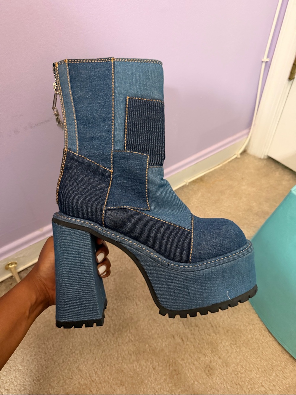 Denim Patchwork Platform Ankle Boots - Blue - Picture 2 of 4